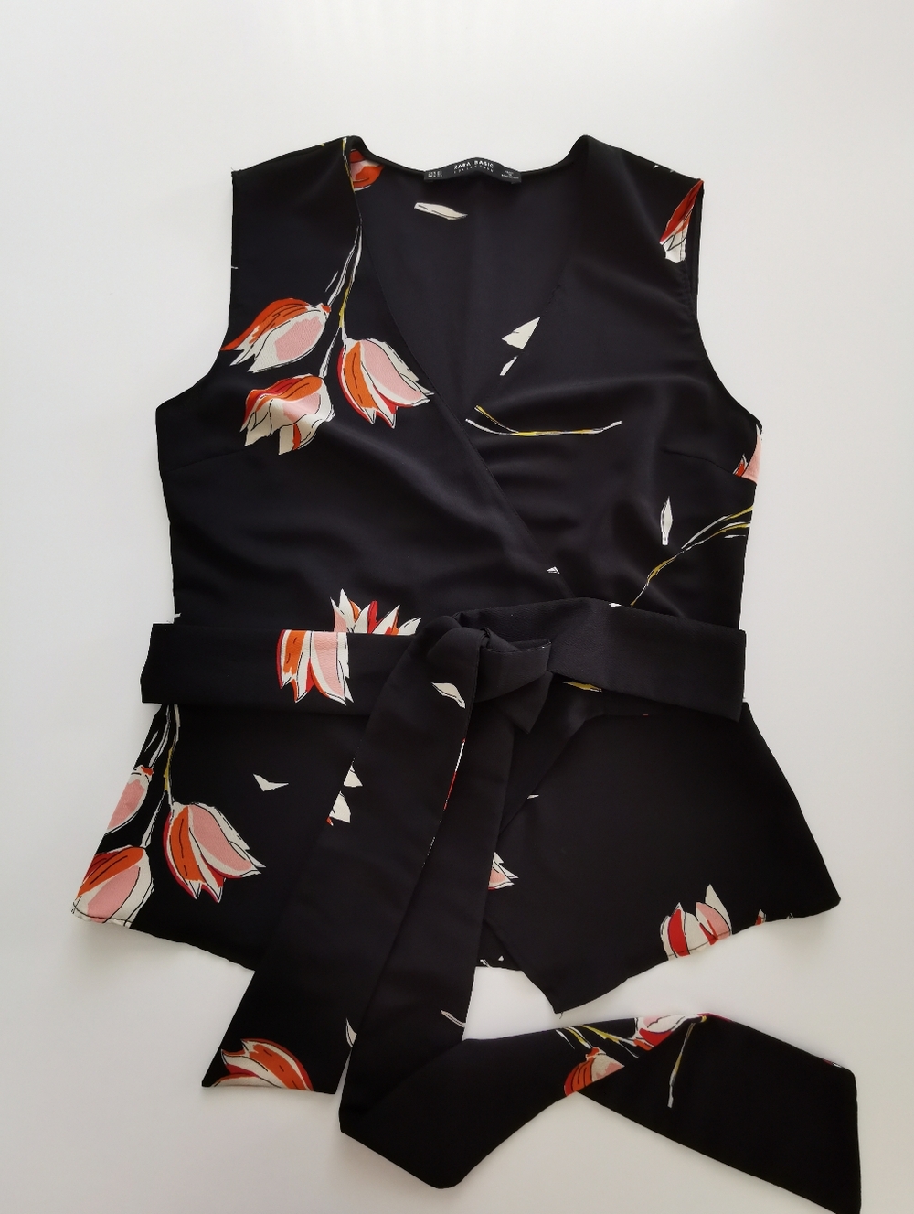 Zara Black Sleeveless Wrap Top Blouse With Pink, Orange, Red, Cream Floral Print